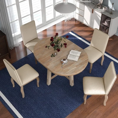 5 PCS Round Wood Extendable Dining Table Set With 4 Upholstered Dining Chairs-ModernLuxe 1 5 PCS Round Wood Extendable Dining Table Set With 4 Upholstered Dining Chairs-ModernLuxe