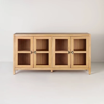 Grooved Wood With Glass 4-Door Sideboard Buffet Cabinet- Natural - Hearth & Hand™ With Magnolia 2 Grooved Wood With Glass 4-Door Sideboard Buffet Cabinet- Natural - Hearth & Hand™ With Magnolia - Image 2