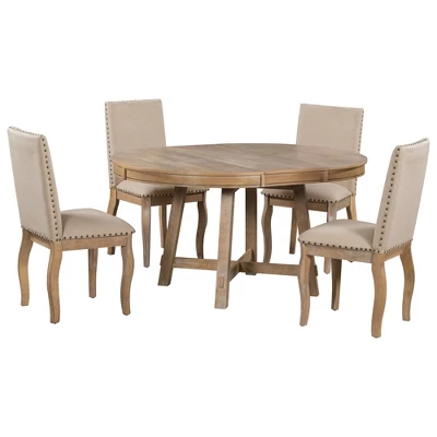 5 PCS Round Wood Extendable Dining Table Set With 4 Upholstered Dining Chairs-ModernLuxe 7 5 PCS Round Wood Extendable Dining Table Set With 4 Upholstered Dining Chairs-ModernLuxe - Image 7