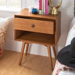 Greenberg 1 Drawer Mid-Century Modern Solid Wood Nightstand - Saracina Home -Homcom Store GUEST 7acf3373 e0cd 4483 8953 f995e28697c0