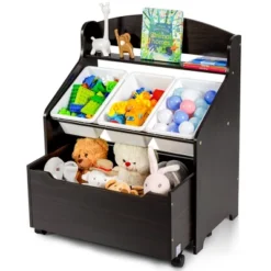 Costway Kids Wooden Toy Storage Unit Organizer W/Rolling Toy Box & Plastic Bins NaturalEspresso -Homcom Store GUEST 80f5cdc8 b56c 40a6 9518 1678a6f77403