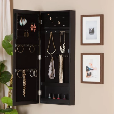 Pontus Wood Wall-Mountable Jewelry Armoire With Mirror - Baxton Studio 7 Pontus Wood Wall-Mountable Jewelry Armoire With Mirror - Baxton Studio - Image 7