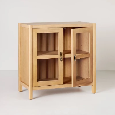 Grooved Wood With Glass 2-Door Cabinet - Natural - Hearth & Hand™ With Magnolia 3 Grooved Wood With Glass 2-Door Cabinet - Natural - Hearth & Hand™ With Magnolia - Image 3