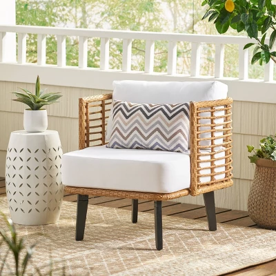 Nic Outdoor Wicker Club Chair With Cushion - Light Brown/White - Christopher Knight Home 1 Nic Outdoor Wicker Club Chair With Cushion - Light Brown/White - Christopher Knight Home