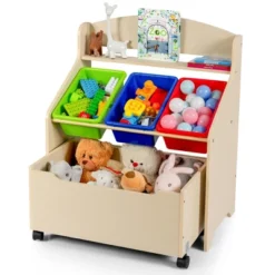 Costway Kids Wooden Toy Storage Unit Organizer W/Rolling Toy Box & Plastic Bins NaturalEspresso -Homcom Store GUEST b1538226 2c79 451e 9800 9bc4afb4832c