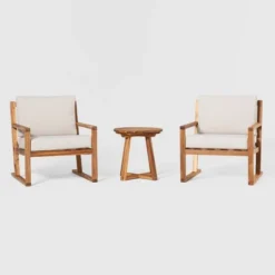 Saracina Home 3pc Modern Slat-Back Acacia Outdoor Conversation Set With Cushions -Homcom Store GUEST e228f191 c7e4 49f0 8884 eecb92073a20